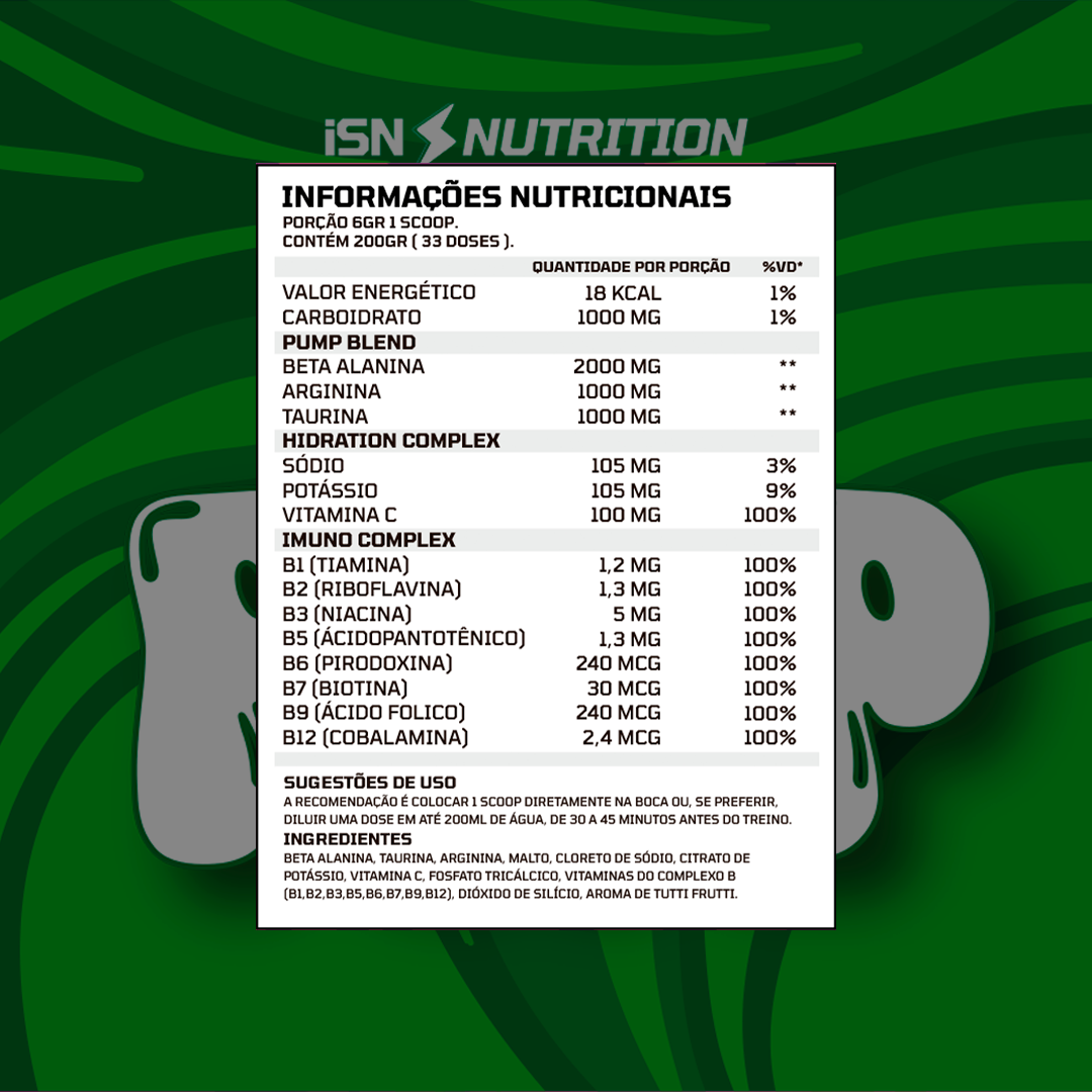 iSN Pump – Pré-treino Sem Cafeína com 33 doses - Menta